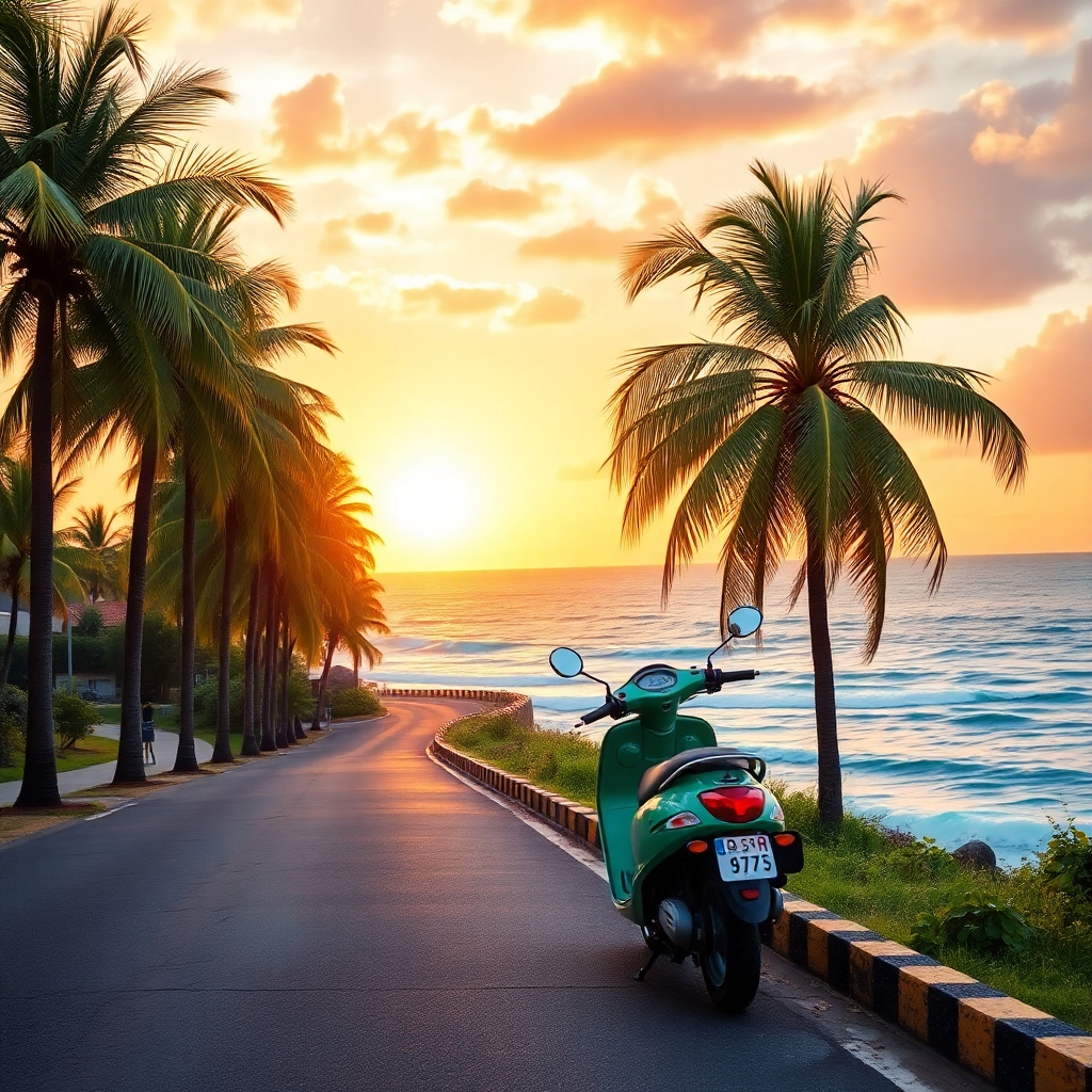 A scenic coastal road lined with palm trees, a vibrant blue ocean beside it, and a colorful scooter parked on the roadside. In the background, a stunning sunset casts golden hues over the waves, creating a serene and adventurous atmosphere.