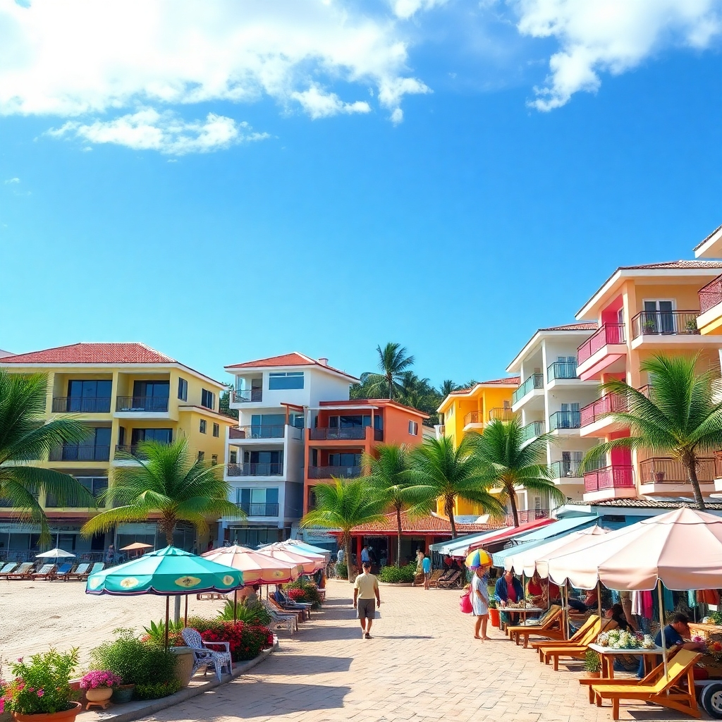 A scenic view of Sosua beach with colorful rental apartments, showing a vibrant local market scene in the foreground, highlighting diverse apartment styles from modern to traditional, with palm trees, sun loungers, and a clear blue sky.