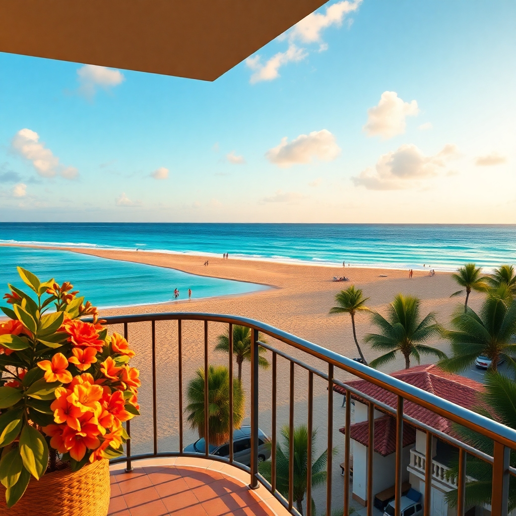 A serene beach in Sosua, Dominican Republic, with clear blue waters and golden sands. In the foreground, a cozy apartment balcony with colorful flowers and a view of the beach, showcasing a tropical paradise atmosphere, vibrant sunsets, and people enjoying the beach.
