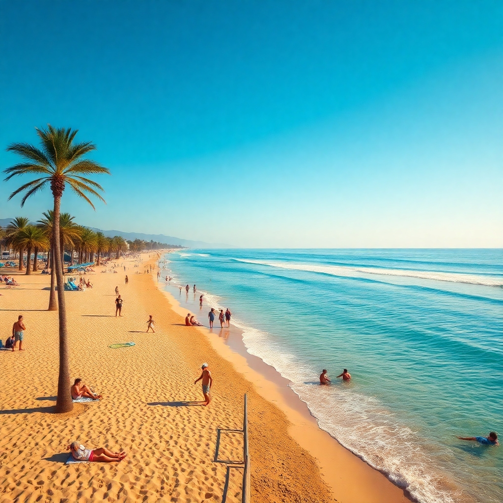 A stunning photograph of Sosúa Beach featuring golden sands, clear turquoise waters, and palm trees. Show visitors sunbathing, swimming, and engaging in water sports, with a bright blue sky and gentle waves in the background.
