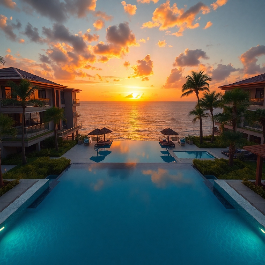 A stunning view of a luxurious hotel overlooking the ocean in Sosúa, featuring a beautiful infinity pool in the foreground. The architecture blends modern and Caribbean styles, with lush gardens and palm trees surrounding the property, set during a picturesque sunset.