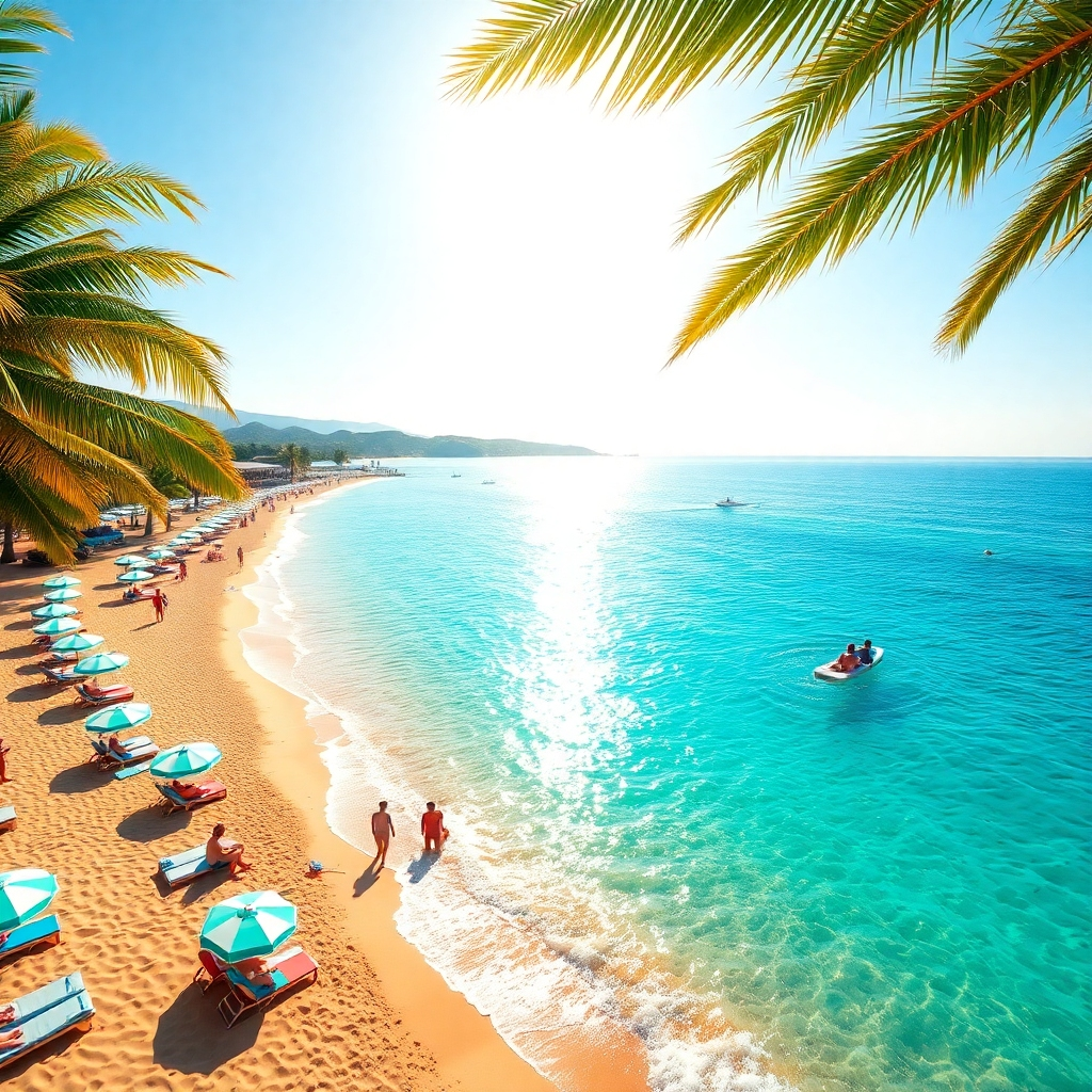 A vibrant beach scene in Sosúa, showcasing golden sands and crystal-clear turquoise waters. Include beach umbrellas, sunbathers, and locals enjoying water sports. The sun is shining brightly, and palm trees frame the scene, creating a tropical paradise.
