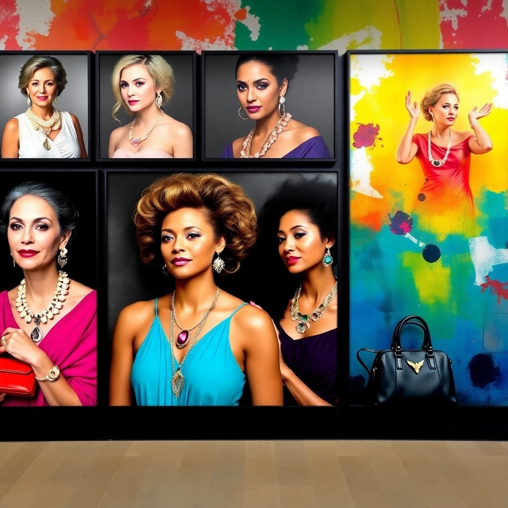 A vibrant gallery display featuring mothers in various life moments adorned with stunning jewelry and handbags that amplify their natural beauty and essence, set against a backdrop of colorful, abstract art that evokes emotion.