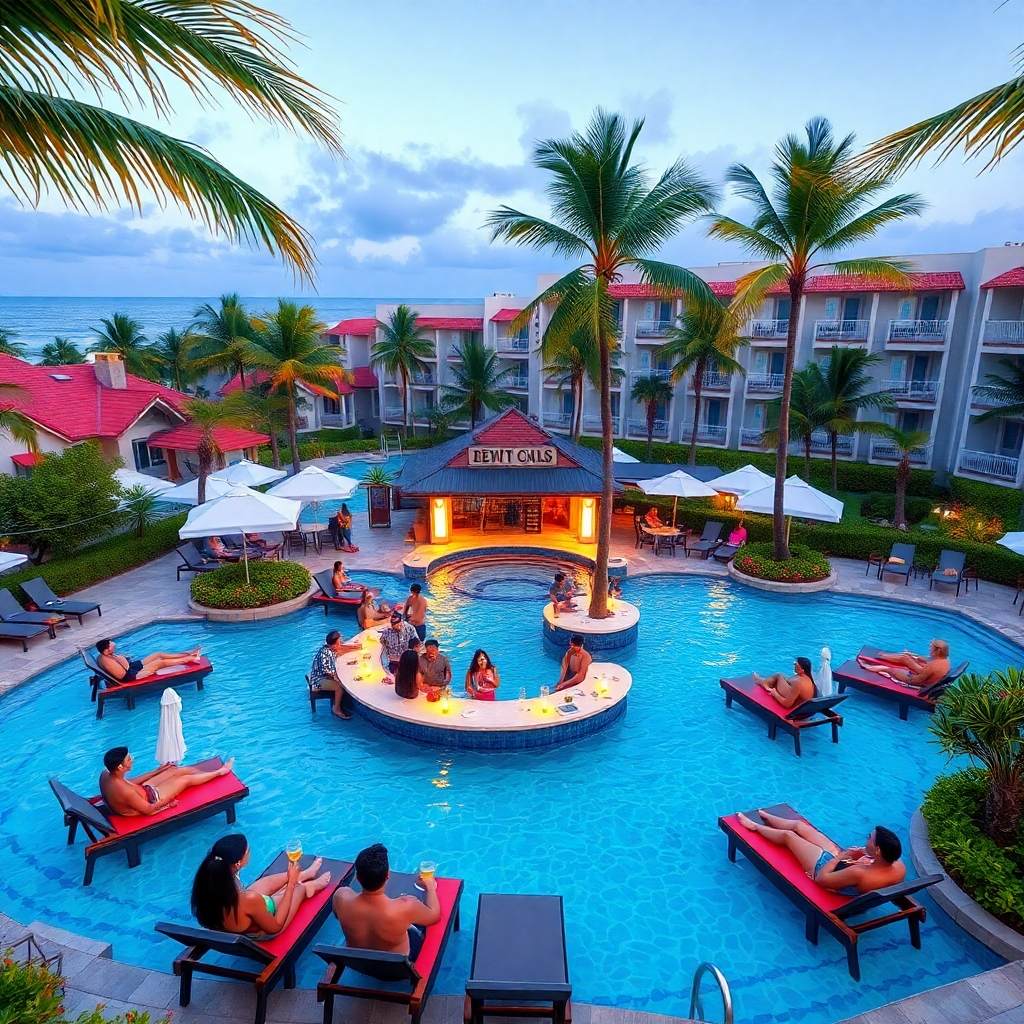 A vibrant resort pool area within an all-inclusive resort in Sosúa, featuring a swim-up bar and sun loungers surrounded by lush landscaping. Guests are enjoying cocktails, engaging in games, and relaxing under palm trees, capturing the essence of a carefree tropical getaway.