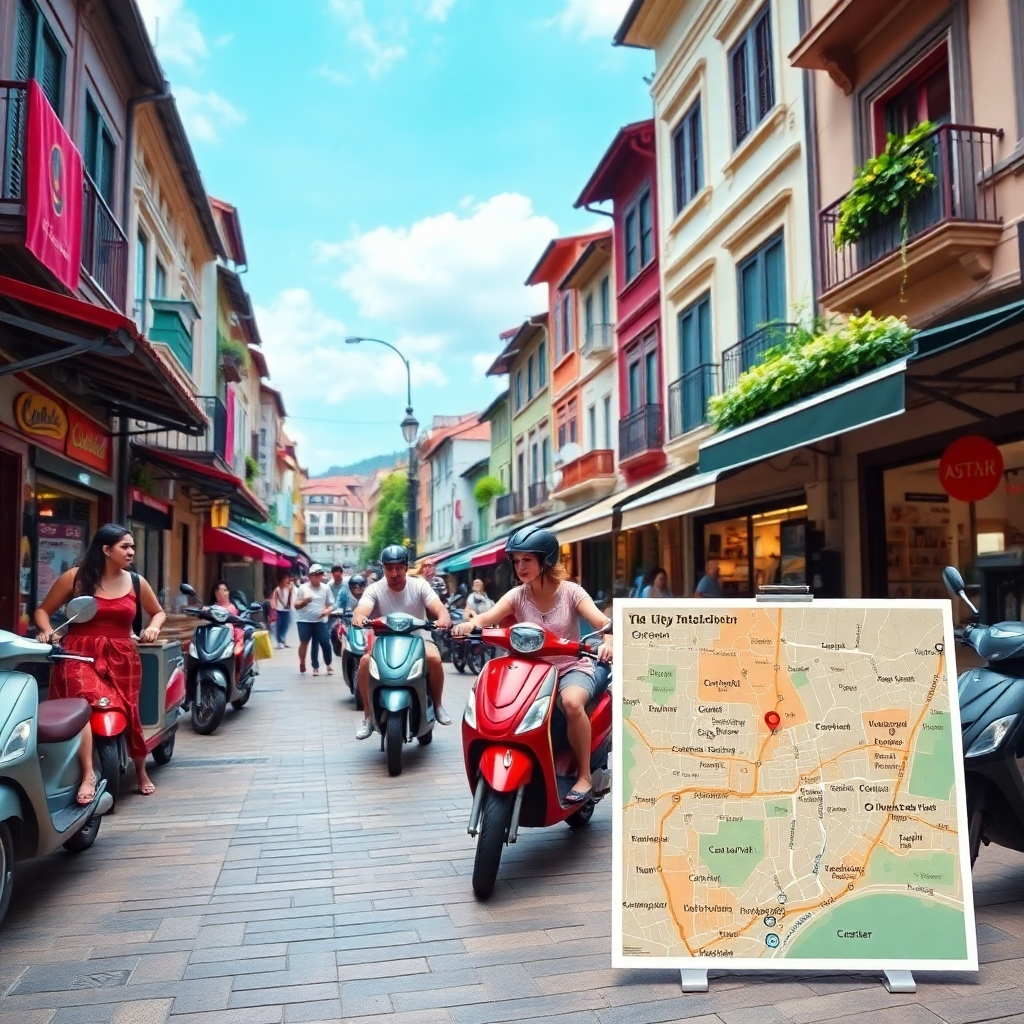 A vibrant scene in a bustling town square where tourists are seen hopping on and off scooters, with small shops and cafes in close view. A local map is displayed nearby, indicating various points of interest, highlighting the convenience of scooter travel.