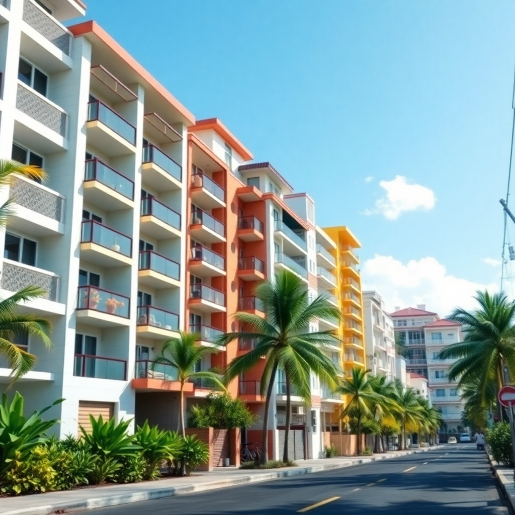 A vibrant street in Sosua lined with diverse apartment buildings showcasing various architectural styles, including modern condos and traditional Dominican homes. The scene includes tropical plants and palm trees, with clear blue skies and a few scattered clouds.