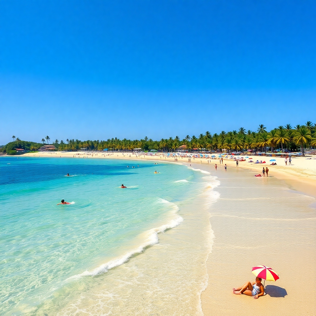 A wide view of Sosua Beach, showcasing golden sand, turquoise waters, and vibrant umbrellas. People are sunbathing, swimming, and enjoying water sports, with palm trees lining the beach. The sky is clear blue, creating a tropical paradise feel.