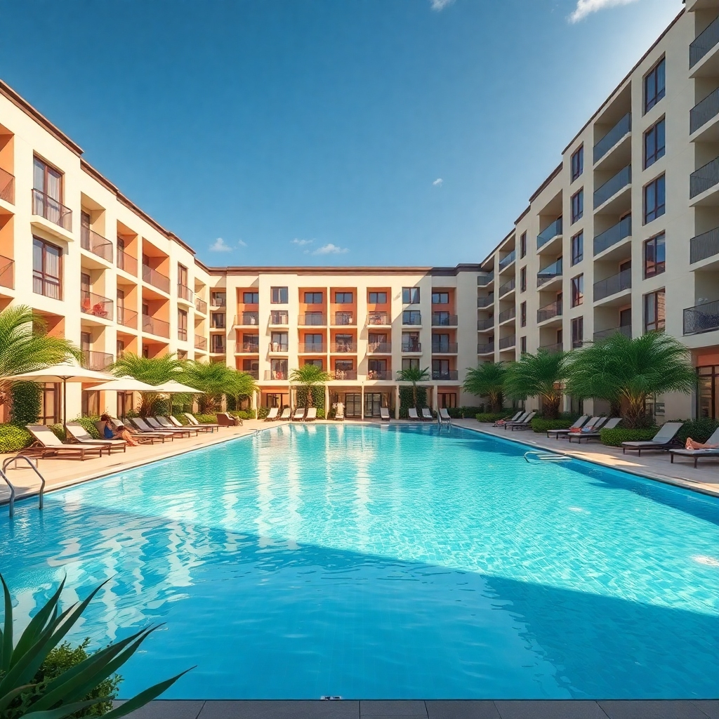 An elegant apartment complex featuring a sparkling swimming pool surrounded by lush greenery, lounge chairs, and umbrellas. Showcase modern architectural design and include people lounging by the pool, enjoying leisure time under a sunny sky.