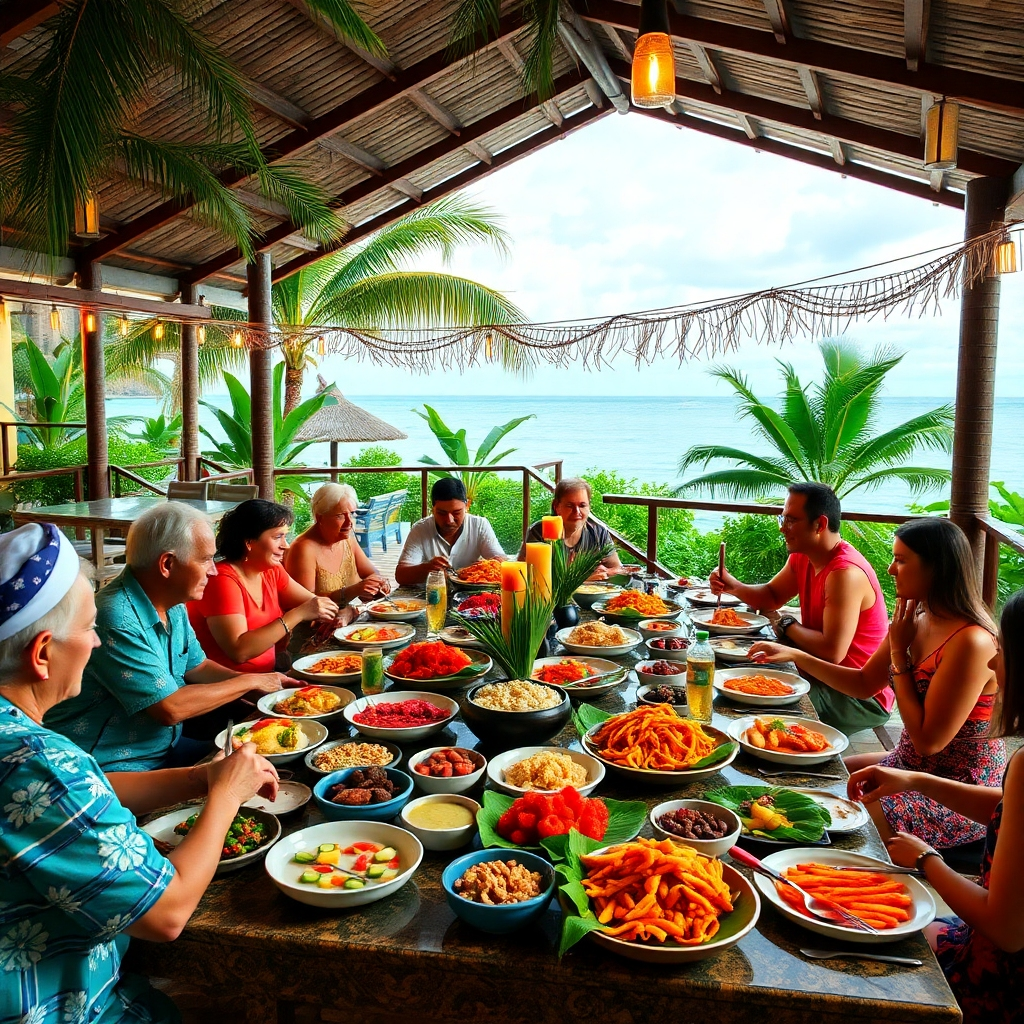An inviting all-inclusive resort dining area set outdoors. Guests are enjoying a lavish buffet filled with vibrant tropical dishes, surrounded by lush greenery and ocean views. The atmosphere is festive, with colorful decor enhancing the scene.