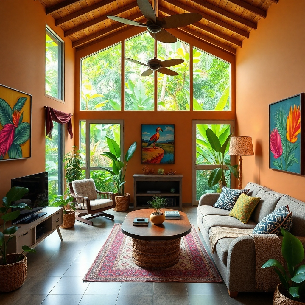 An inviting interior of a cozy Airbnb in Sosua, decorated with tropical accents. The space includes a comfortable living area, colorful artwork, and large windows showcasing lush vegetation outside, creating a warm and homely ambiance.