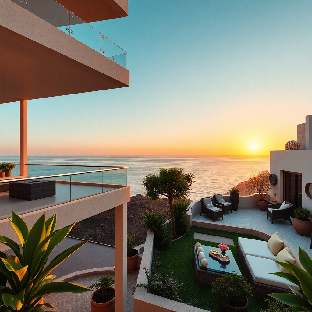 An inviting scene showcasing a luxury hotel and a cozy Airbnb in Sosúa, both overlooking the ocean. The hotel has spacious balconies with ocean views, while the Airbnb has a charming outdoor garden. The sky is clear with a sunset, enhancing the serene ambiance.