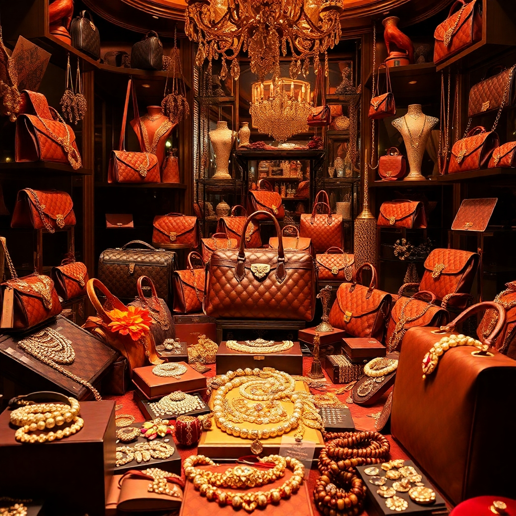 An opulent setting overflowing with luxurious handbags and jewelry displaying richness and elegance. Soft, golden lighting enhances the textures of the items, captivating viewers and embodying the essence of indulgence.