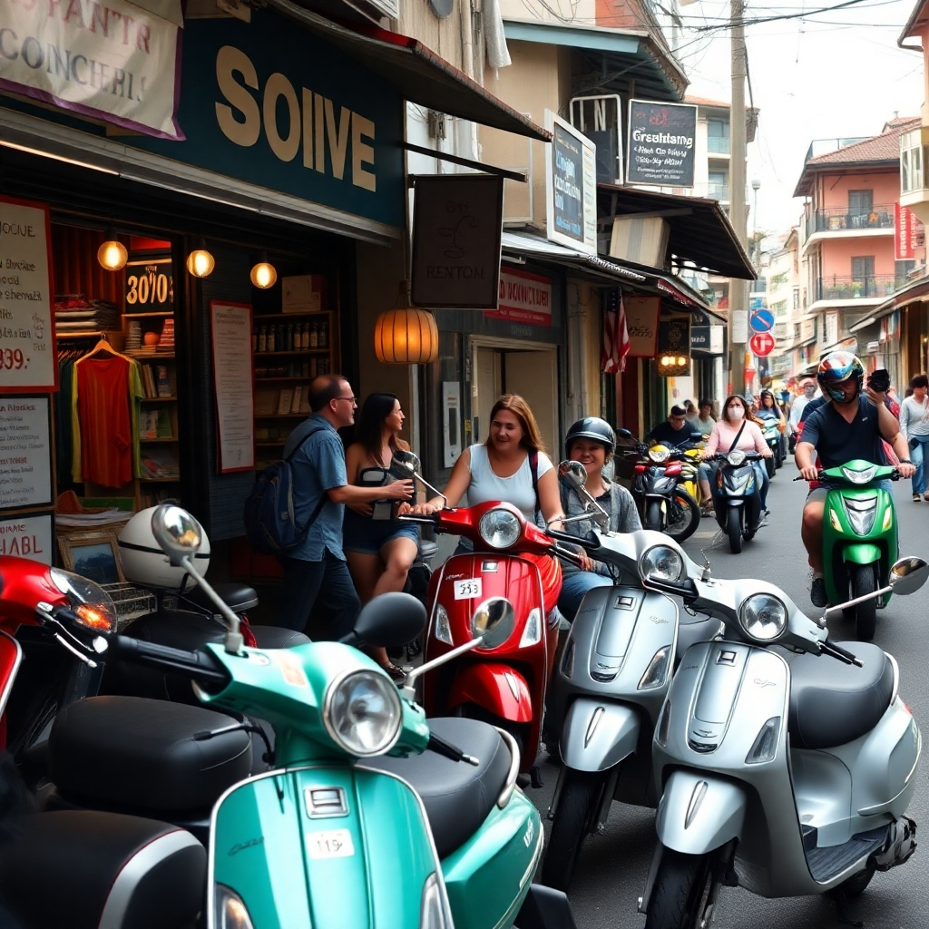 An outdoor rental shop displaying several scooters of various colors with price tags prominently visible. Behind the shop, tourists are interacting cheerfully while others ride scooters along a busy street filled with local shops and cafes.
