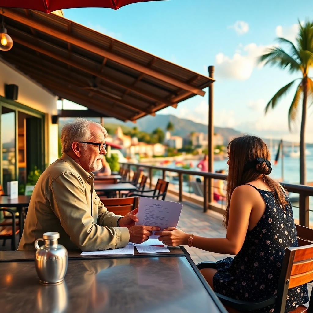 An outdoor scene depicting a local real estate agent explaining a rental contract to prospective tenants at a cafe, with scenic Sosua landmarks in the background, illustrating the mix of professional and casual environments.