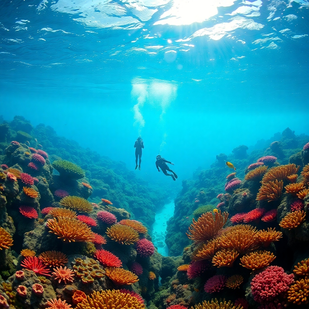 An underwater scene showcasing diverse marine life and colorful coral reefs near Sosúa. Include snorkelers and divers exploring the vibrant underwater world, with sunlight filtering through the water, creating a magical atmosphere.