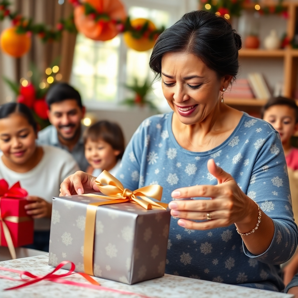 An uplifting image of a mother deeply touched while unwrapping a gift wrapped in elegant paper, surrounded by vibrant decorations and joyful family moments, culminating in a heartfelt experience.