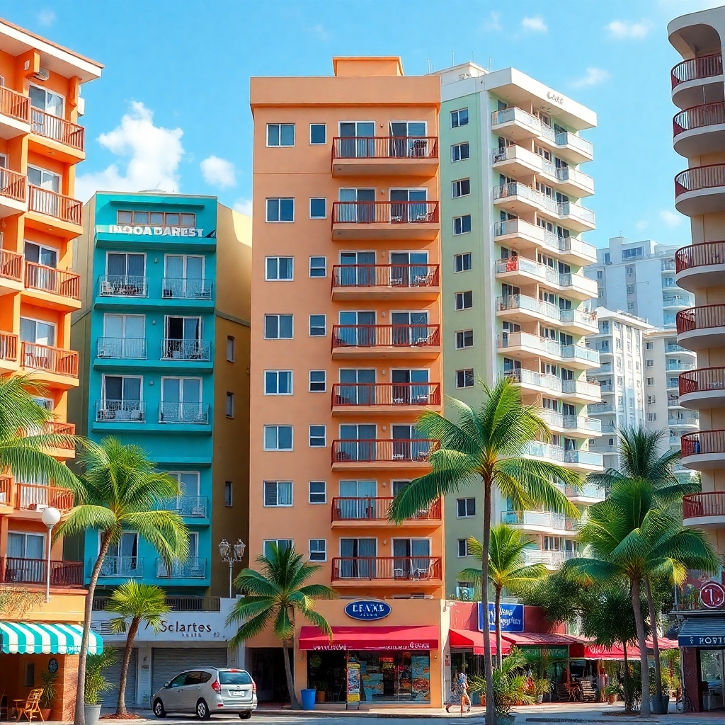 An urban scene in Sosua featuring various types of apartments, from cozy studios to spacious beachfront condos. Each apartment varies in color and design, showcasing the architectural diversity, surrounded by palm trees, tropical plants, and vibrant local shops.