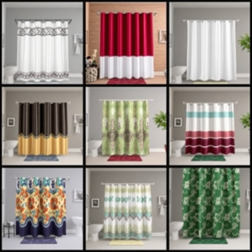 Envision a beautifully arranged gallery showcasing different shower curtains in a variety of bathroom settings. Each scene captures the shower curtains in action, featuring different styles, colors, and themes, inspiring viewers to imagine their own transformations.