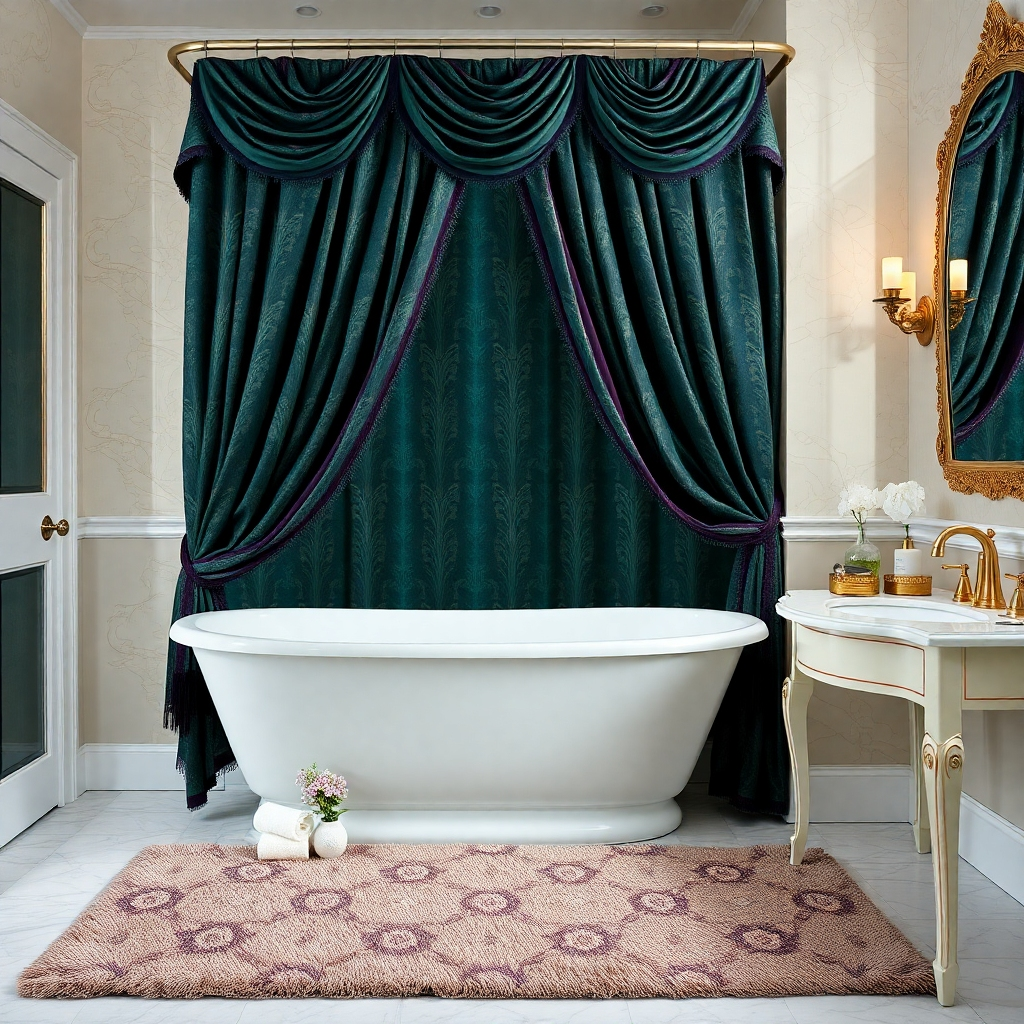 Envision a lavish bathroom adorned with a sumptuous shower curtain draped elegantly. The curtain is a blend of deep jewel tones and intricate patterns, with a plush rug and elegant bath accessories, crafting a spa-like experience at home.