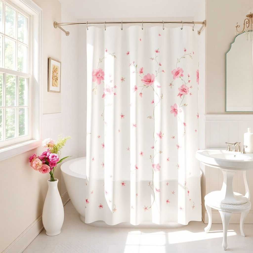 Imagine a bright and welcoming bathroom setting featuring a beautiful shower curtain adorned with delicate floral patterns. Sunlight streams through a window, highlighting the elegance of the decor and the freshness of the space, making it an oasis of tranquility.