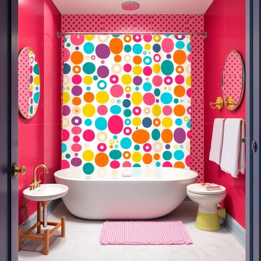 Imagine a vibrant bathroom where a bold patterned shower curtain steals the spotlight. The design features a quirky, colorful print that matches playful accessories and fixtures, creating a fun and energetic space for creativity.