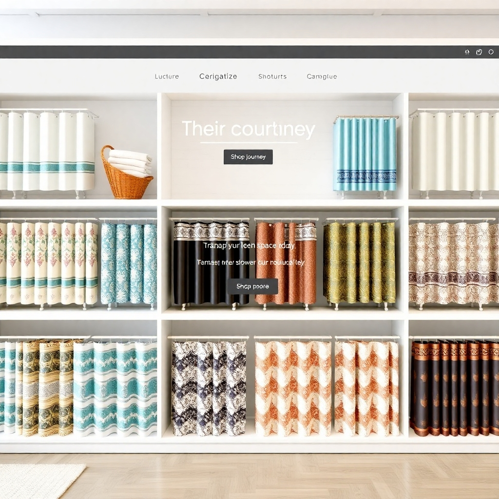 Imagine an inviting online store layout filled with curated shower curtains arranged in an aesthetically pleasing way. Each section guides customers through a journey of discovery, encouraging them to shop confidently and transform their spaces today.