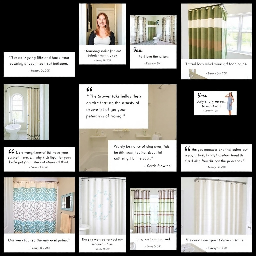 Picture a collage of customer testimonials accompanied by images showcasing their beautifully styled bathrooms with our shower curtains. Each image reflects their delight and satisfaction, visually emphasizing the quality and elegance of our offerings.