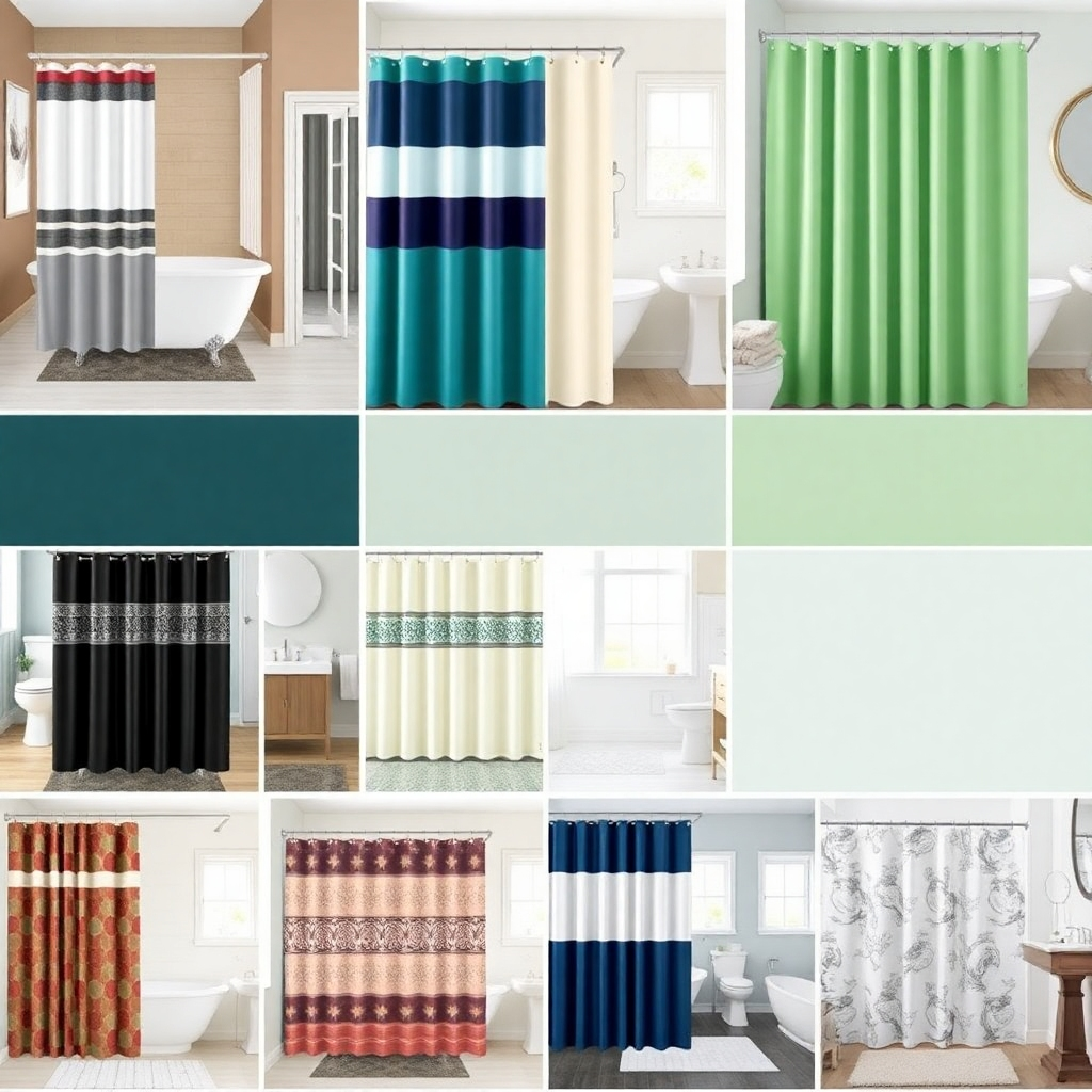 Picture a detailed gallery highlighting diverse bathroom styles, from modern to classic, each featuring our stylish shower curtains. The images highlight color palettes, textures, and harmonies between the curtains and decor, enchanting potential buyers.