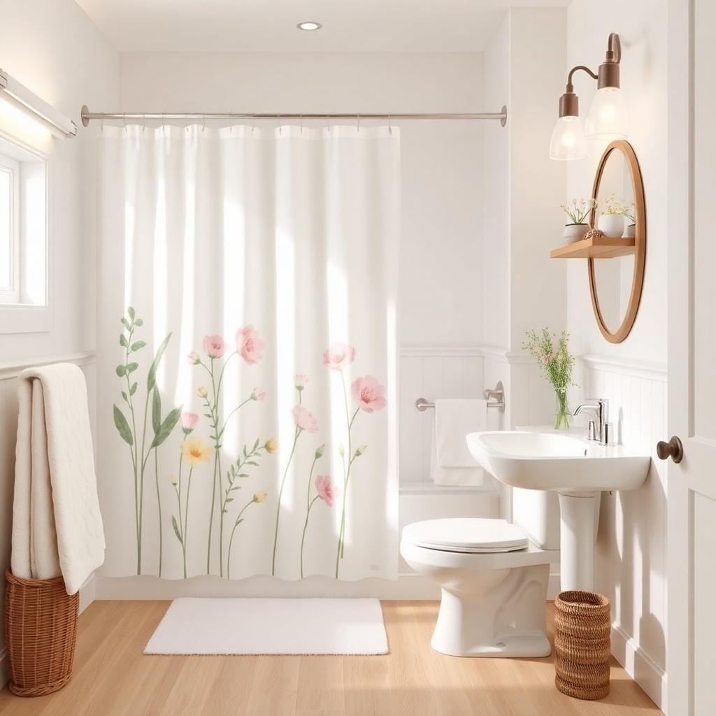Visualize a calming bathroom with a light, airy color scheme. A themed shower curtain featuring gentle flowers or serene patterns enhances the soothing atmosphere, accented by plush towels and herbal accents, inviting tranquility.
