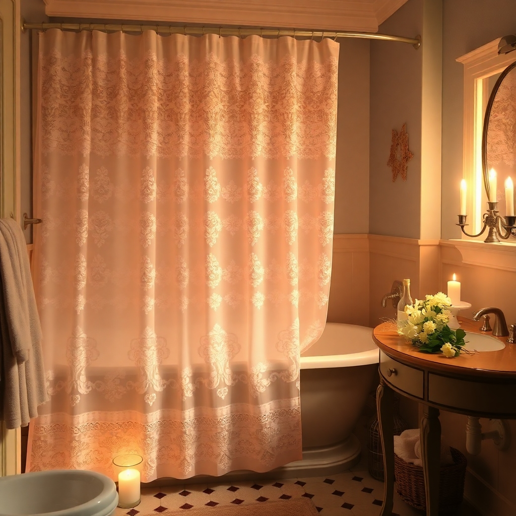 Visualize a cozy bathroom adorned with a romantic shower curtain featuring lace-like patterns and soft pastels. The gentle light casts a warm glow, complemented by candles and delicate flowers, creating an intimate hideaway.