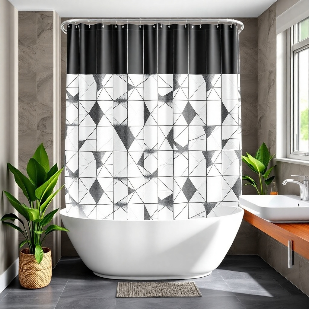 Visualize a stylish bathroom that fuses modern aesthetics with comfort. A striking shower curtain in a contemporary geometric pattern hangs gracefully, blending with elegant bathroom fixtures and natural plants, creating an inviting atmosphere for relaxation.