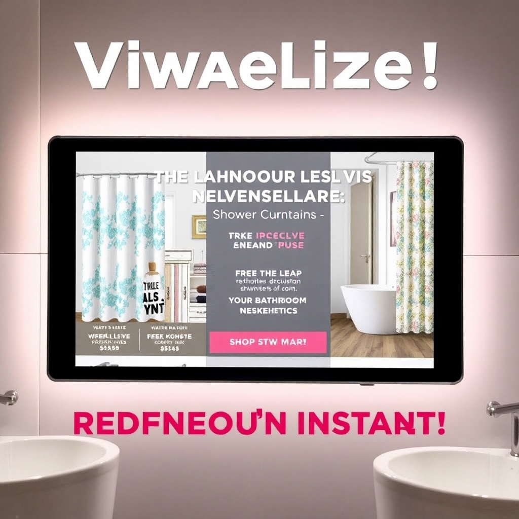 Visualize a vibrant, eye-catching advertisement showcasing our exclusive shower curtains. The screen is filled with beautiful, styled bathroom images alongside enticing offers, urging viewers to take the leap and redefine their bathroom aesthetic instantly.