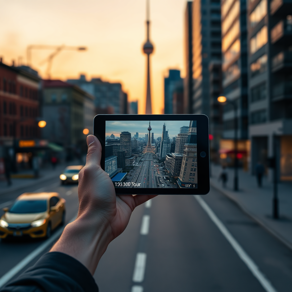 Toronto street at sunset with a hand holding a tablet showing a virtual tour.