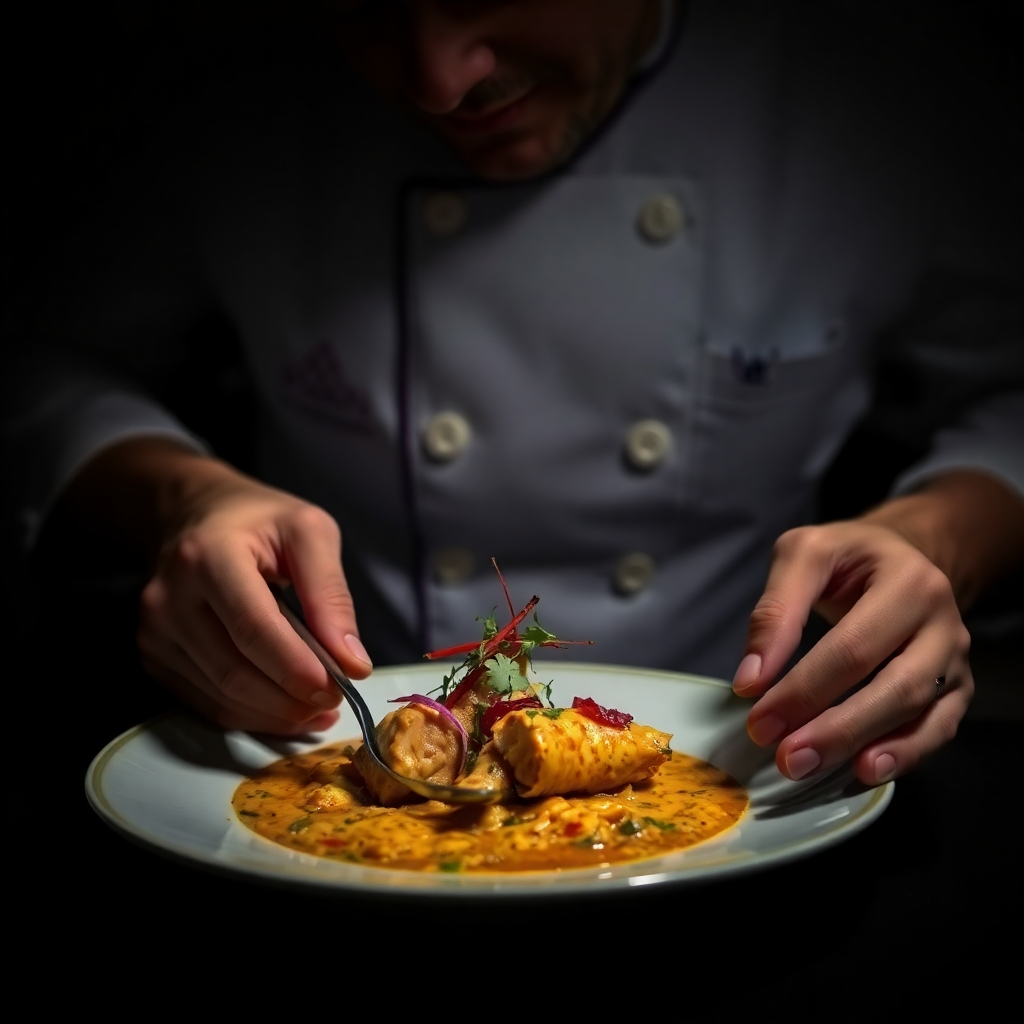 A chef meticulously plating Chicken Curry with artistic flair, using delicate garnishes and precise placement. Moody, dramatic lighting. 4K resolution, food photography.