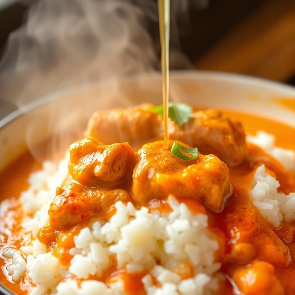 A close-up shot of Chicken Curry being poured over fluffy white rice. Steam should rise from the dish. Focus on the rich colors and textures of the curry. 4K resolution, food photography.