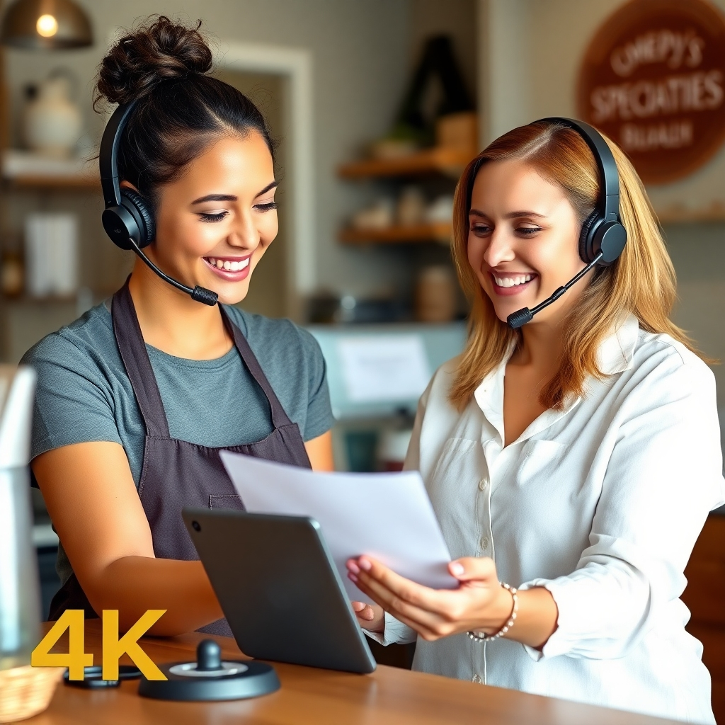 A customer placing a custom order over the phone with a friendly Omega's Specialties staff member. Warm and personalized interaction. 4K resolution, lifestyle photography.