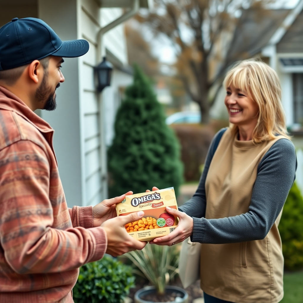 A delivery driver handing a package of Omega's Specialties food to a smiling customer at their front door. The background shows a cozy residential street. 4K resolution, lifestyle photography.