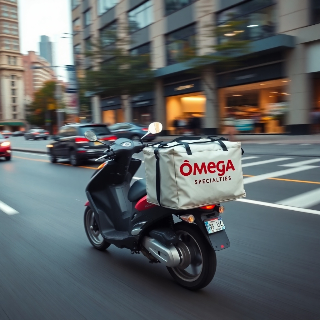 A delivery scooter speeding down a city street, carrying an Omega's Specialties delivery bag. Dynamic and energetic composition. 4K resolution, action photography.