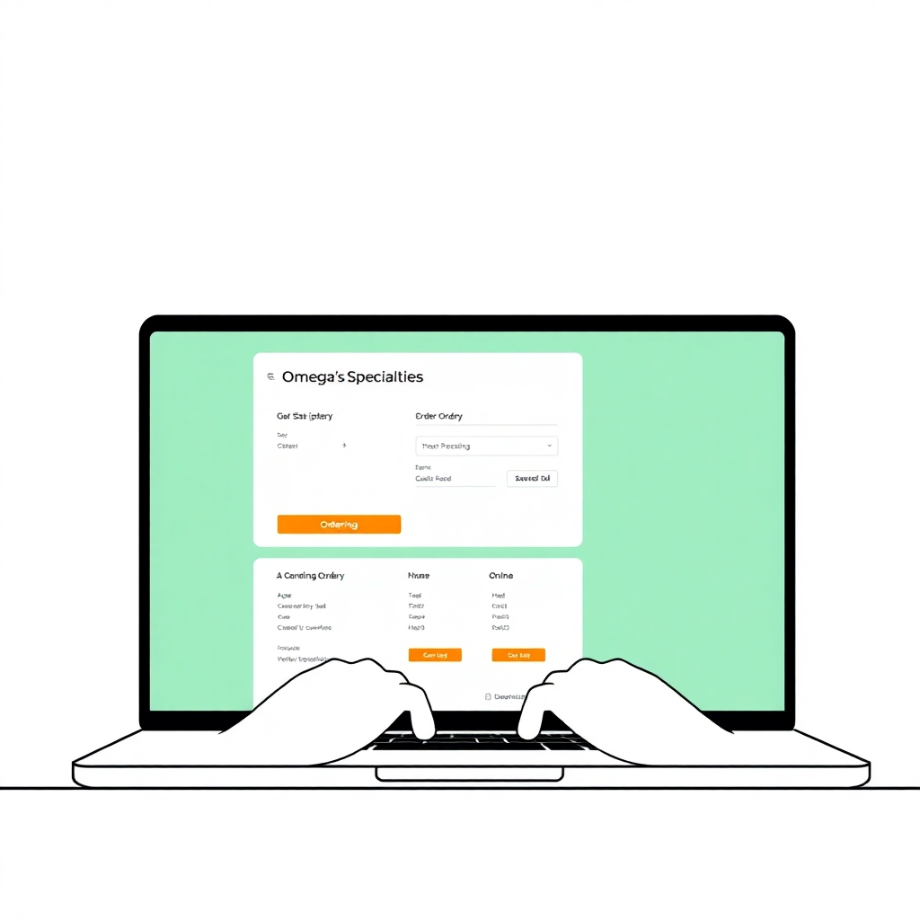 A person browsing the Omega's Specialties website on a laptop, with a focus on the online ordering process. Clean and modern design. 4K resolution, digital illustration.