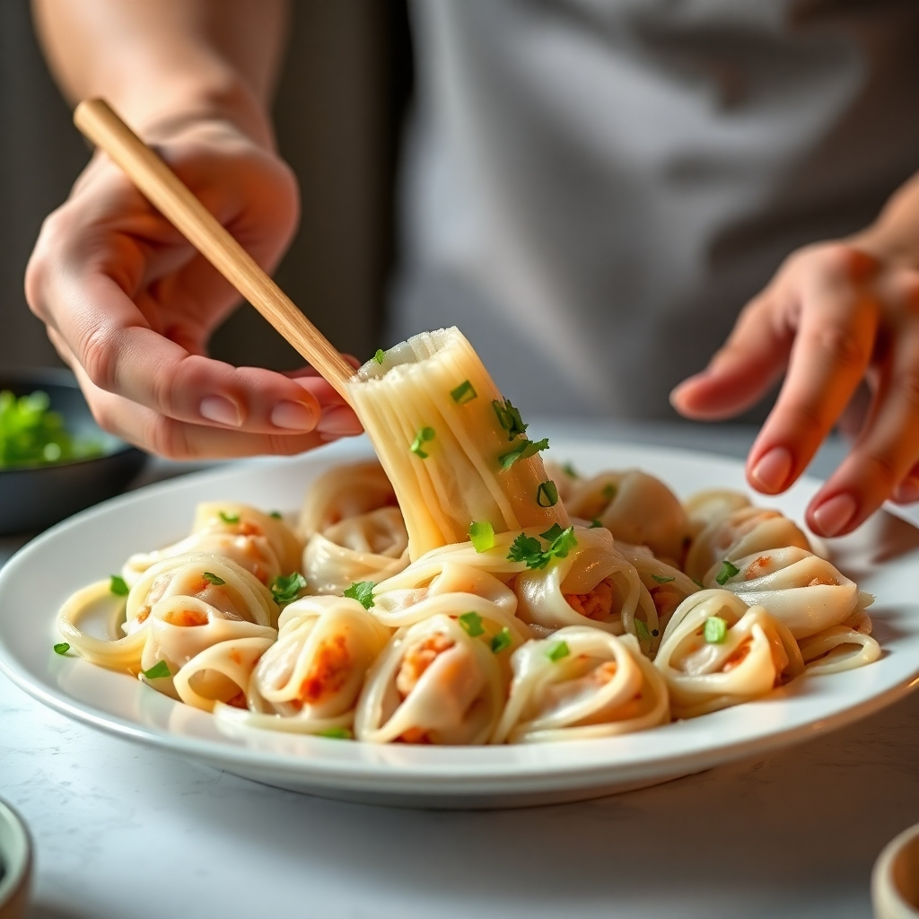 A person's hands carefully arranging Lumpia Shanghai on a serving platter, garnished with fresh herbs. Soft, warm lighting. 4K resolution, food photography.