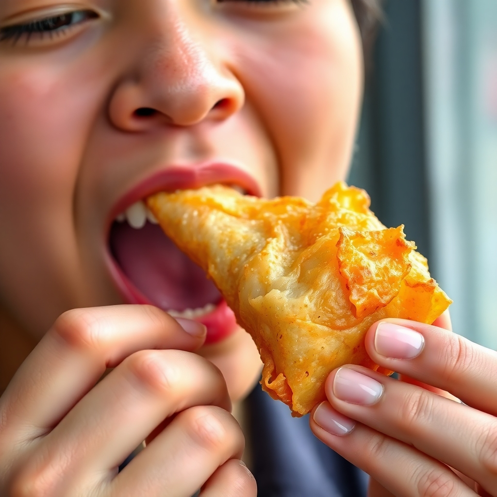 A person taking a bite of a crispy Lumpia Shanghai, with a look of pure enjoyment. Focus on the texture and taste. 4K resolution, food photography.