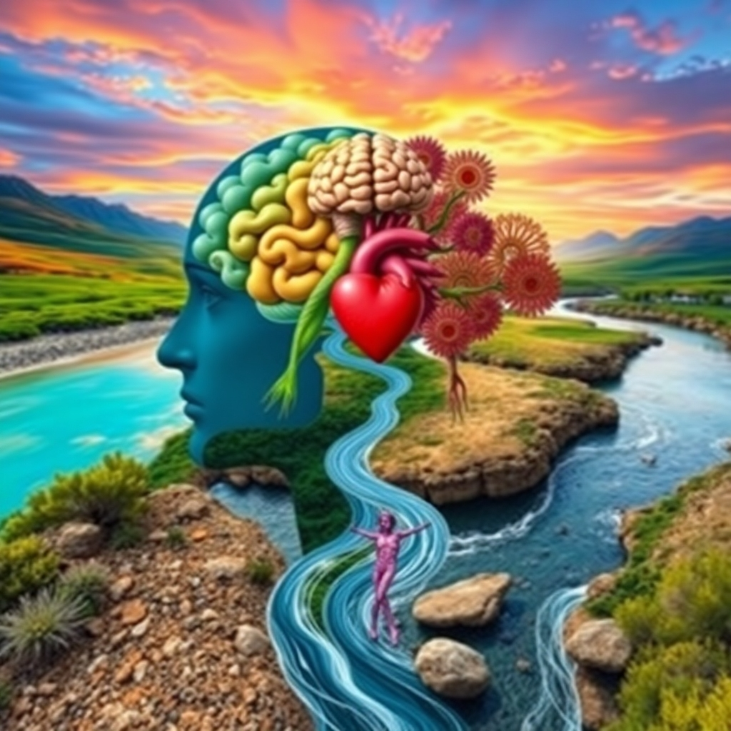 Create a composite image representing the interconnectedness of mind, body, and spirit. Use a variety of visual elements, such as a human figure, a brain, a heart, and a flowing river, to symbolize the different aspects of the holistic self. The background should be a vibrant and colorful landscape, suggesting a state of harmony and balance. The color palette should be rich and diverse, with each color representing a different aspect of wellness. Camera angle: wide angle, capturing the entire composite image. Style: symbolic and meaningful, with a touch of whimsy.