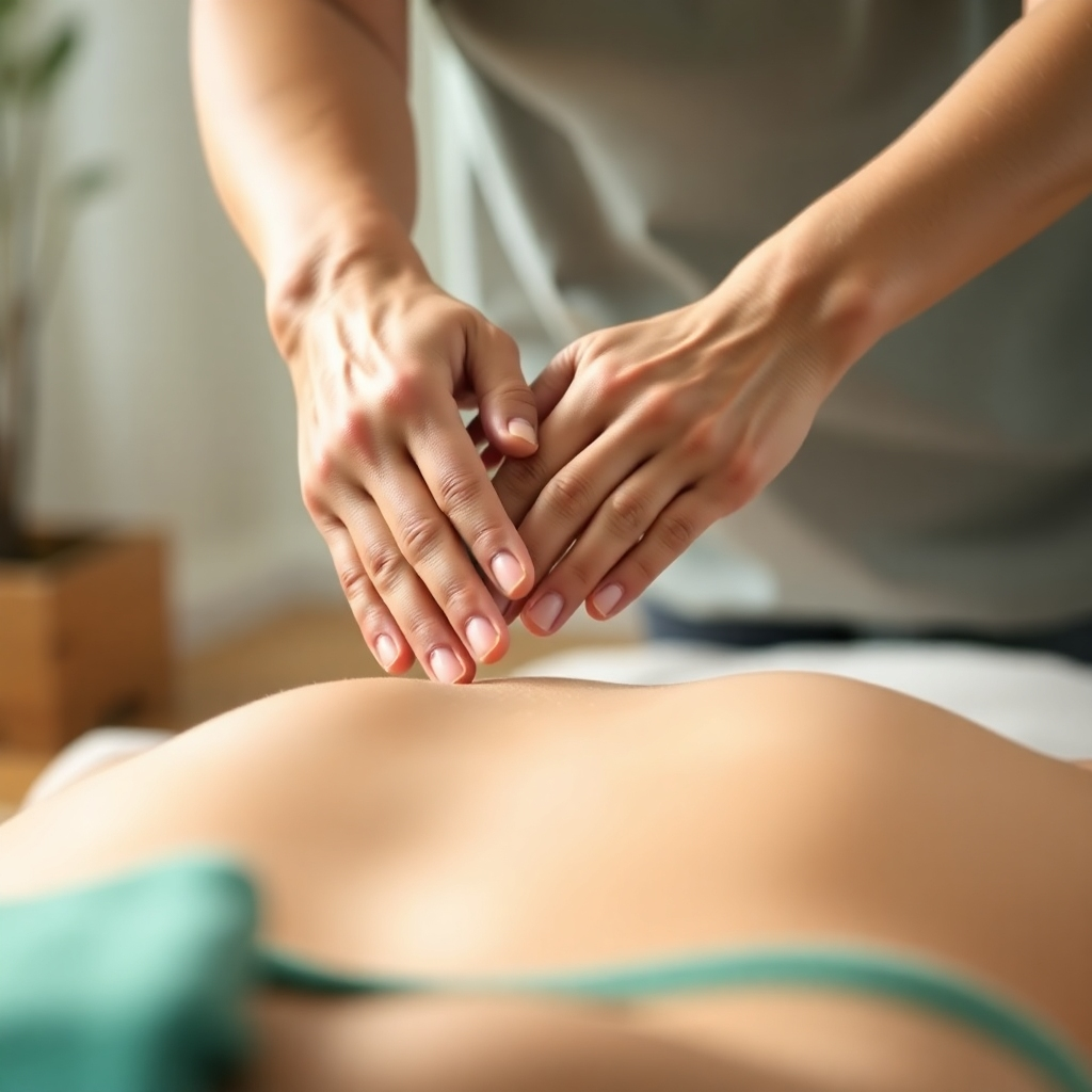 Create a photorealistic image depicting a massage therapist's hands gently guiding a client's body through a stretch. The focus should be on the connection between the therapist's hands and the client's body. The background should be blurred and out of focus, suggesting a safe and supportive environment. Soft, diffused lighting should illuminate the scene, highlighting the textures of skin and clothing. Use a warm color palette of greens and blues to convey a sense of healing and relaxation. Camera angle: close-up, focusing on the hands and the client's body. Style: gentle and supportive, with a touch of empowerment.