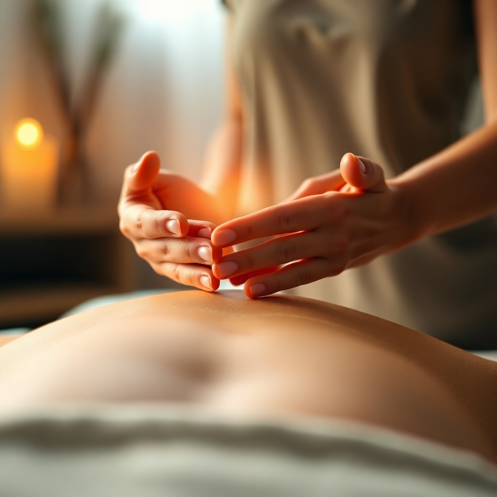 Create a photorealistic image of a massage therapist's hands hovering gently above a client's back, emanating a soft, warm glow. The focus should be on the flow of energy between the hands and the body. The background should be blurred and out of focus, suggesting a peaceful and calming environment. Soft, diffused lighting should illuminate the scene, highlighting the textures of skin and clothing. Use a warm color palette of golds, oranges, and yellows to convey a sense of healing and well-being. Camera angle: close-up, focusing on the hands and the client's back. Style: ethereal and dreamlike.