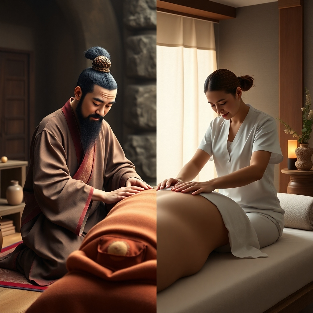 Create a photorealistic image showcasing a side-by-side comparison of ancient and modern massage practices. On one side, depict an ancient Chinese healer applying pressure to a patient in a traditional setting. On the other side, show a modern massage therapist performing pressure point massage in a contemporary spa environment. Use a split-screen composition to emphasize the contrast and continuity between the two eras. The color palette should be muted and earthy for the ancient scene, and brighter and more vibrant for the modern scene. Camera angle: medium shot, capturing the healer/therapist and the patient/client. Style: historical accuracy combined with modern aesthetics.