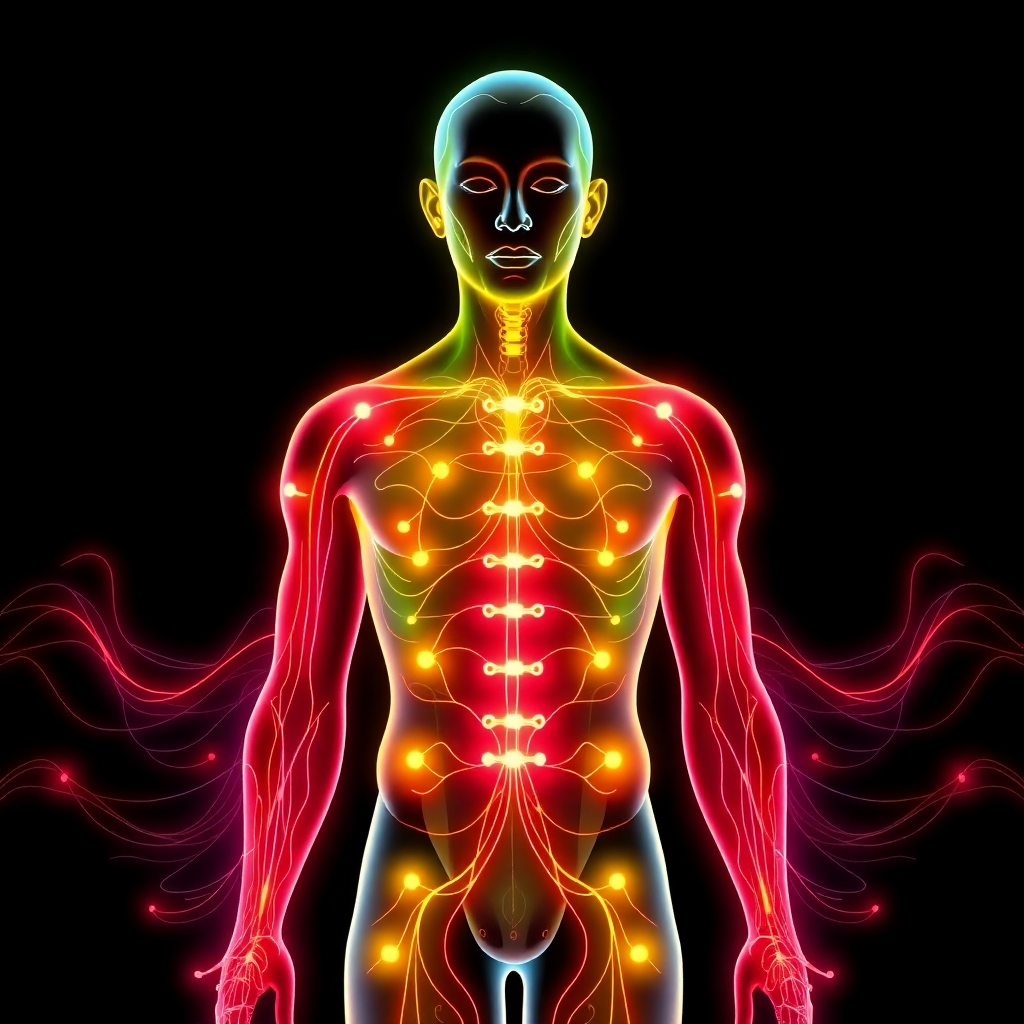 Generate a stylized image showcasing the meridian lines and pressure points on the human body. Use vibrant, glowing colors to represent the flow of energy (qi) along these pathways. The background should be a dark, contrasting color to make the energy lines stand out. The human figure should be rendered in a semi-transparent style, allowing the viewer to see the underlying energy system. Camera angle: full body view. Style: a blend of anatomical illustration and abstract art. Consider incorporating elements of ancient Chinese art, such as calligraphy or symbols, to enhance the sense of history and tradition.