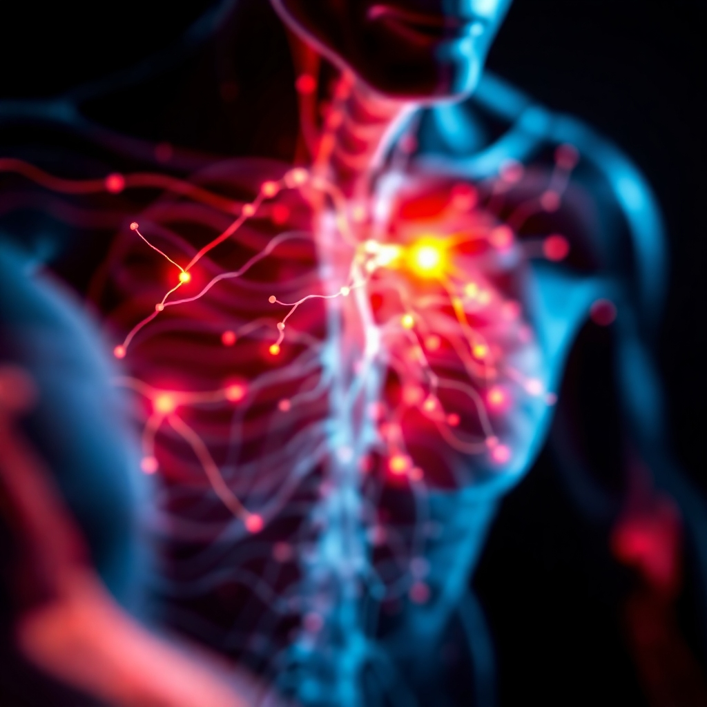 Generate an abstract image representing the body's internal signals. Use a combination of light and shadow, color and texture, to convey the sensation of pain and discomfort. Consider incorporating elements of anatomical illustration, such as nerve pathways or muscle fibers, to add a layer of realism. The color palette should be dark and intense, with flashes of bright color to represent areas of pain or inflammation. Camera angle: close-up, focusing on the abstract representation of the body's signals. Style: abstract and expressive, with a touch of realism.