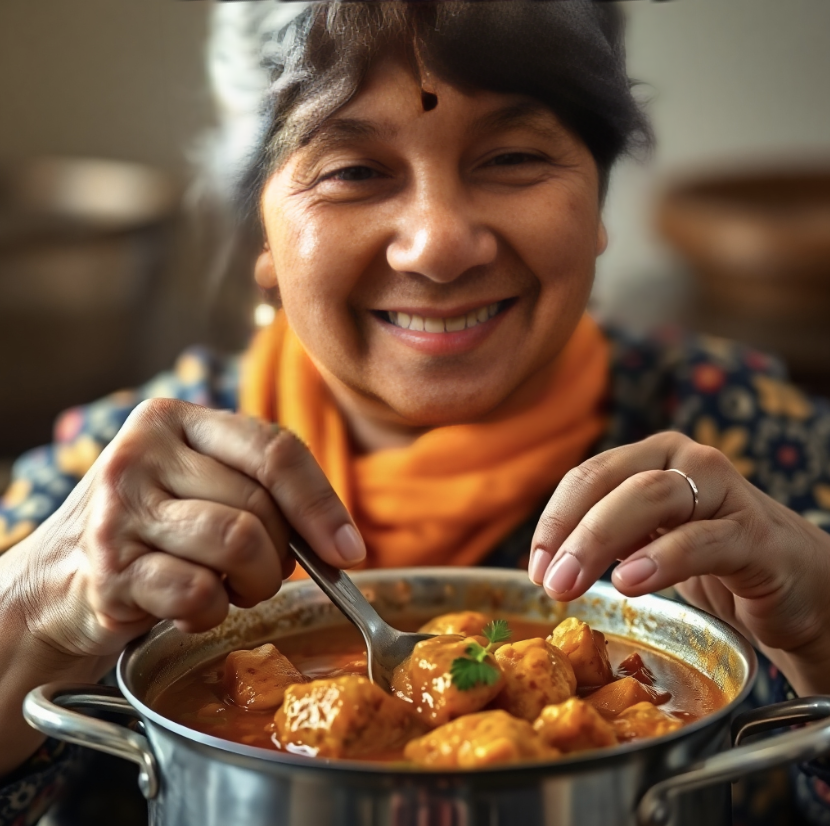 Close-up shot of Mama's hands stirring a pot of Chicken Curry, with a loving expression on her face. Soft, warm lighting. 4K resolution, portrait photography.