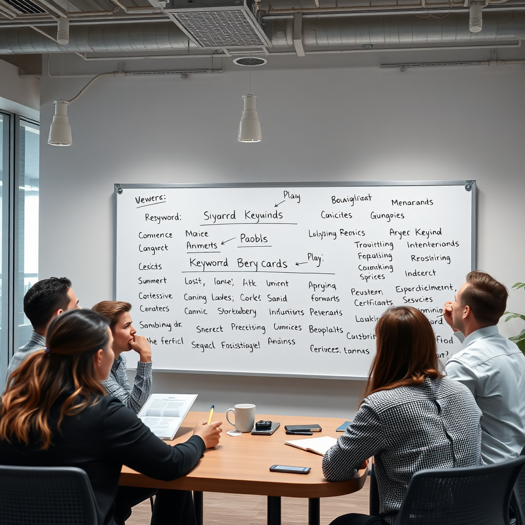 A brainstorming session in a modern office setting, with keywords and search terms being written on a whiteboard. The atmosphere is collaborative and focused on finding the most effective keywords. 4K resolution.