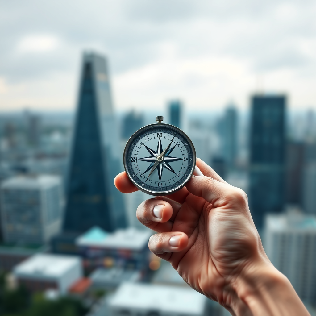 A conceptual image of a hand holding a compass pointing towards 'Integrity'. The background should be a blurred cityscape. The style is modern and clean with a focus on simplicity. The image should be rendered in high-quality.